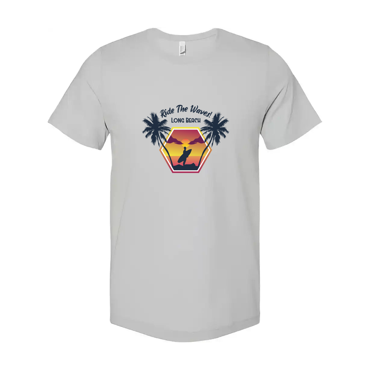 Surfing Sunset Hexagon Graphic Tee With Palm Trees And Rider Silhouette On Long Beach