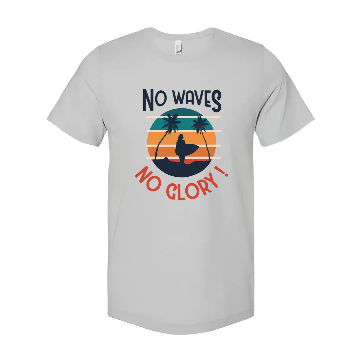 No Waves No Glory Surfing Graphic Unisex Tee For Men And Women With Sunset Palm Tree Design