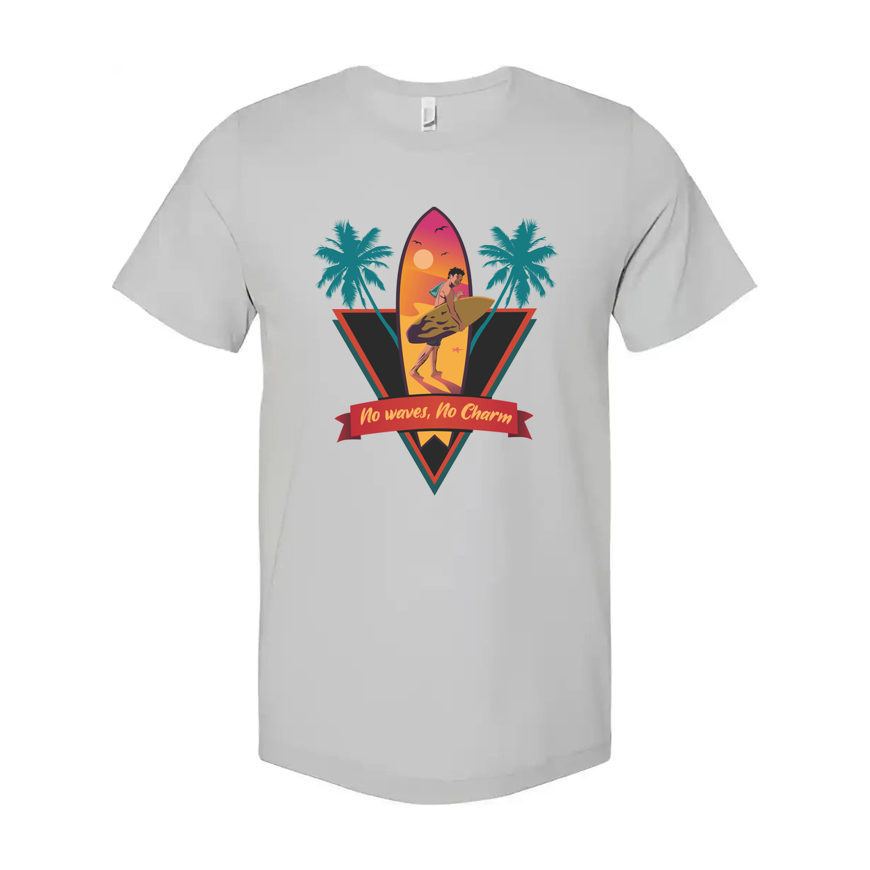 Unisex Surfing Graphic Tee With Sunset Surfer, Palm Trees And No Waves, No Charm Ribbon