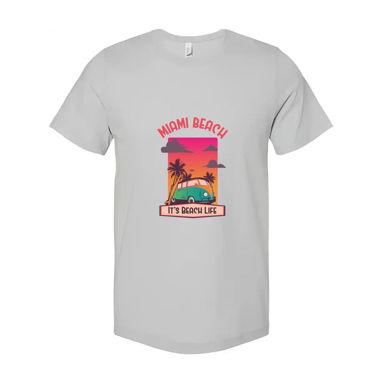 Miami Beach Retro Sunset Graphic T Shirt With Palm Trees And Classic Van Illustration