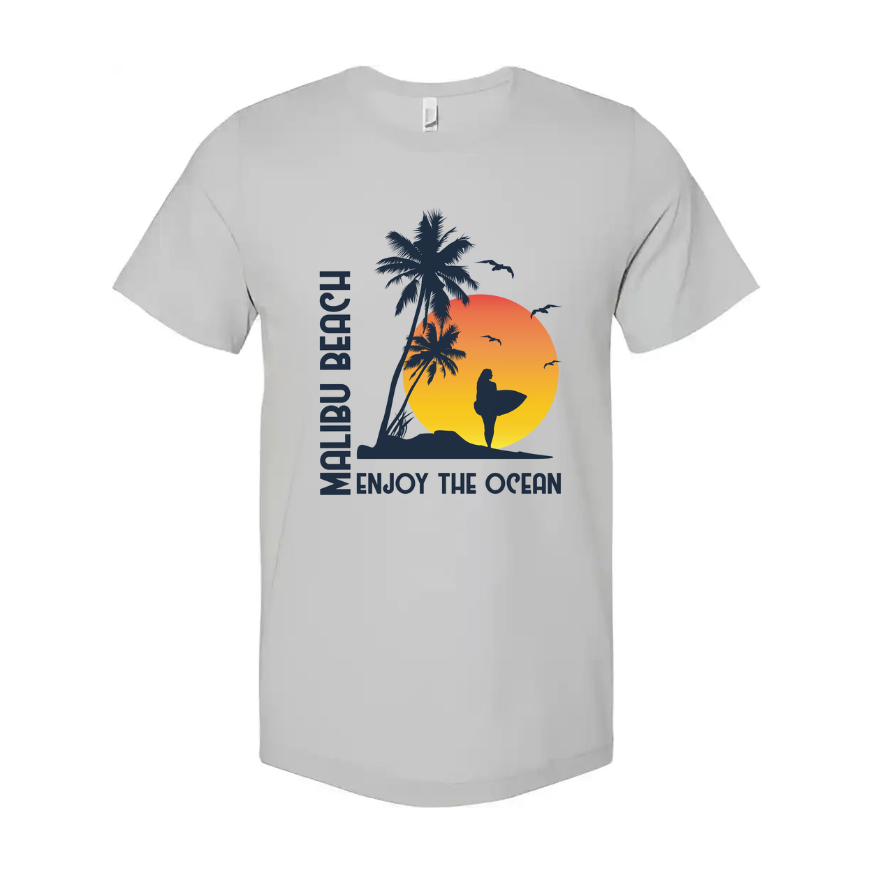 Malibu Beach Sunset Surfing Graphic Unisex T Shirt With Palm Trees And Surfer Silhouette