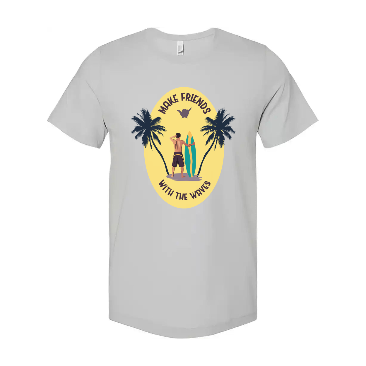 Unisex Surfing T Shirt With Sunset Palm Tree Graphic And Surfboard Make Friends With The Waves