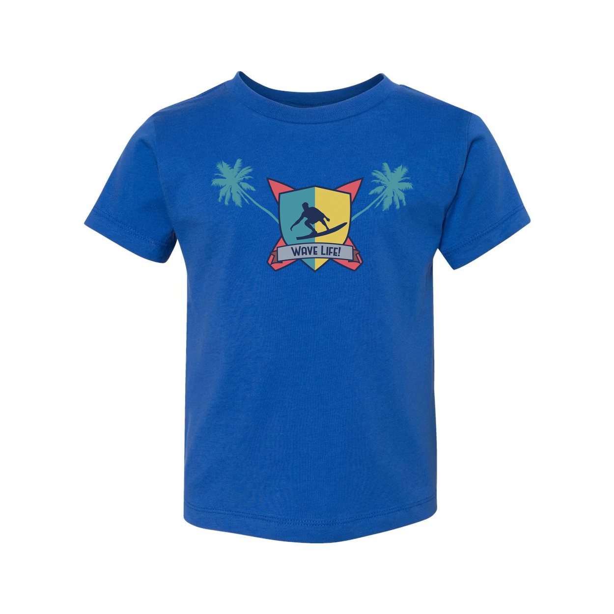 Unisex Surfing Crest Tee Featuring Wave Shield Emblem Palm Trees And Beachside Graphic Design