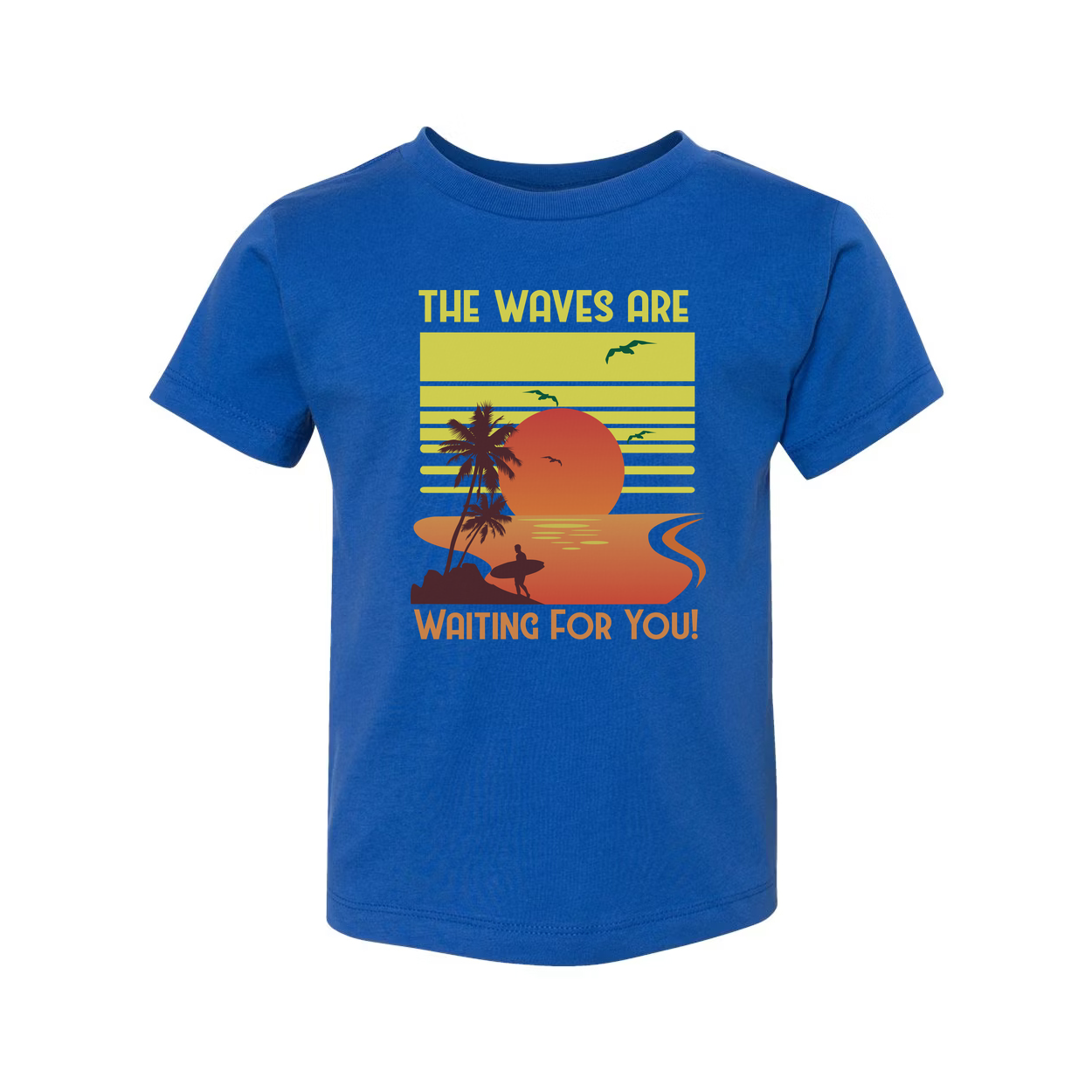 Unisex Surfing Sunset Graphic Tee Featuring Palm Trees Ocean Waves And A Radiant Orange Sun