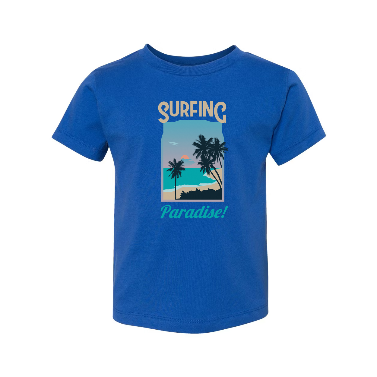 Surfing Paradise Graphic Tee For Men And Women Unisex With Palm Tree Beach Scene Coastal Sunset Ocean Surfer Gift Idea