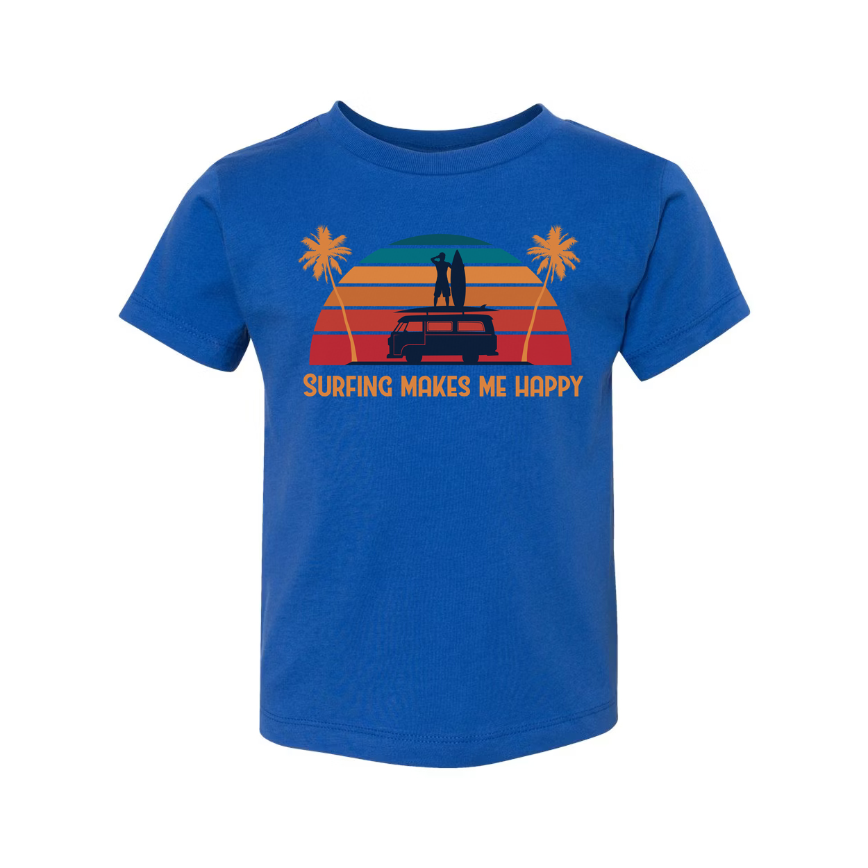 Surfing Makes Me Happy Unisex T Shirt With Retro Sunset Beach Scene And Surfboard Van