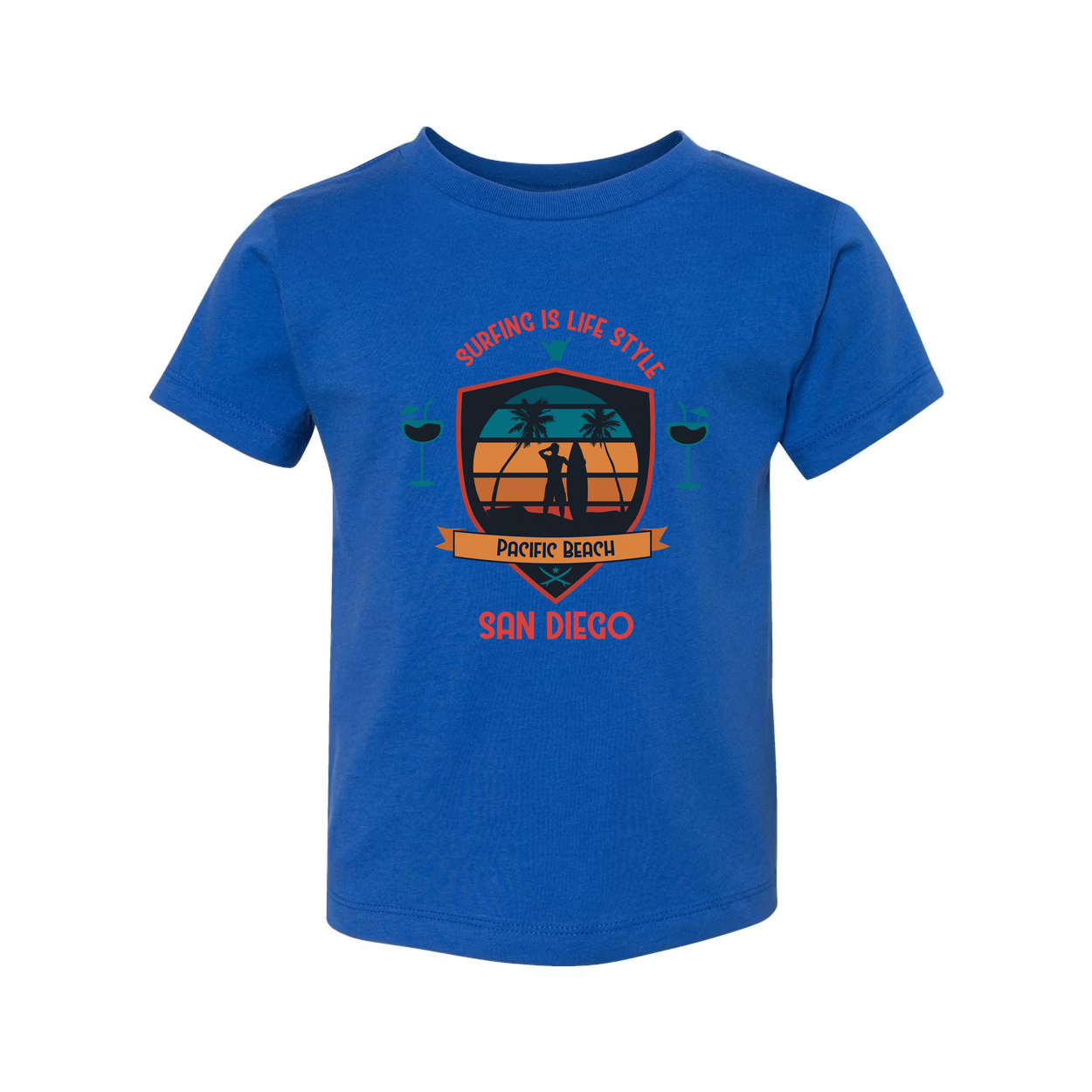 Unisex Surfing Tee With Pacific Beach San Diego Graphic Shield Design Retro Sunset Palette