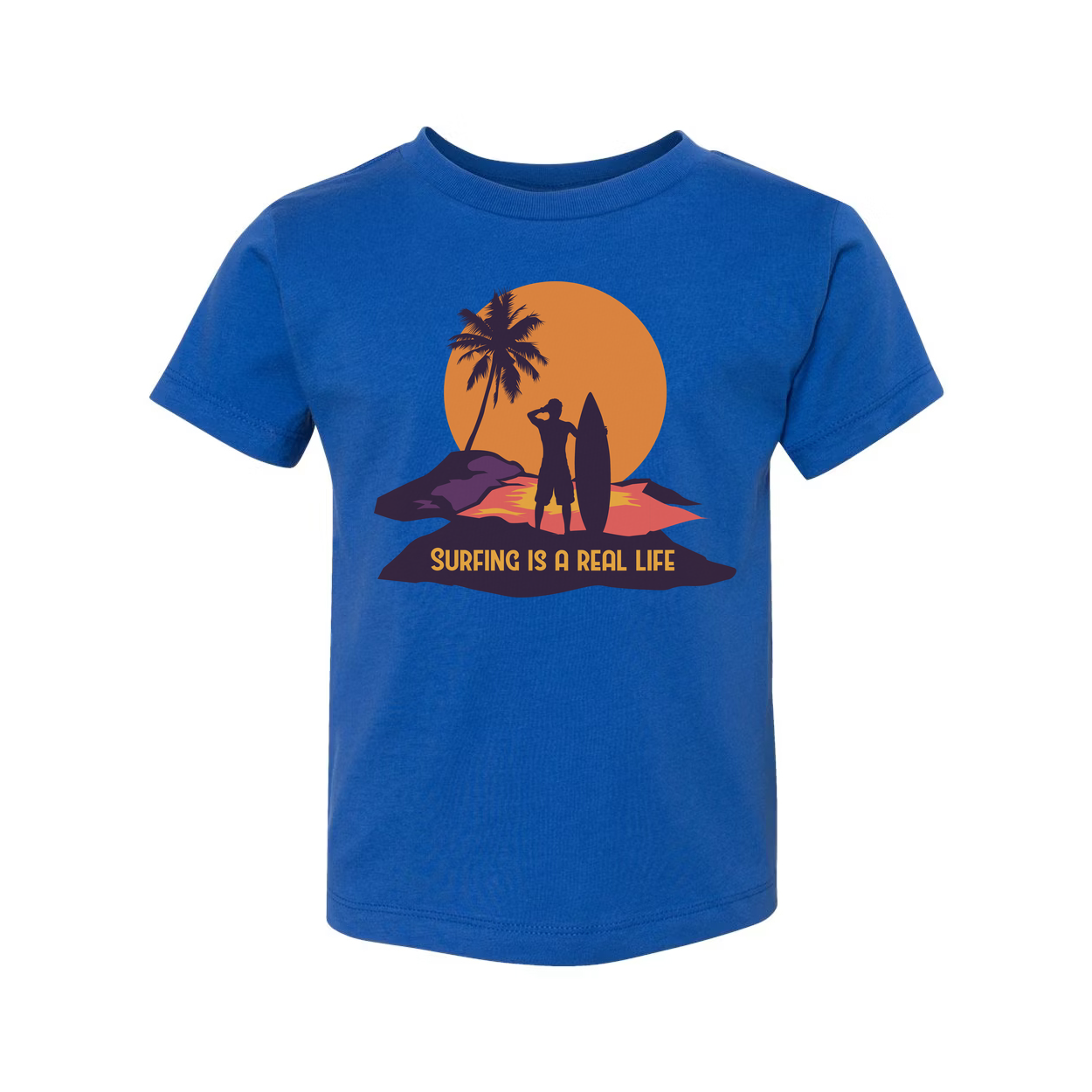 Unisex Surfing Graphic Tee With Silhouette Of Surfer And Palm Tree Against Sunset