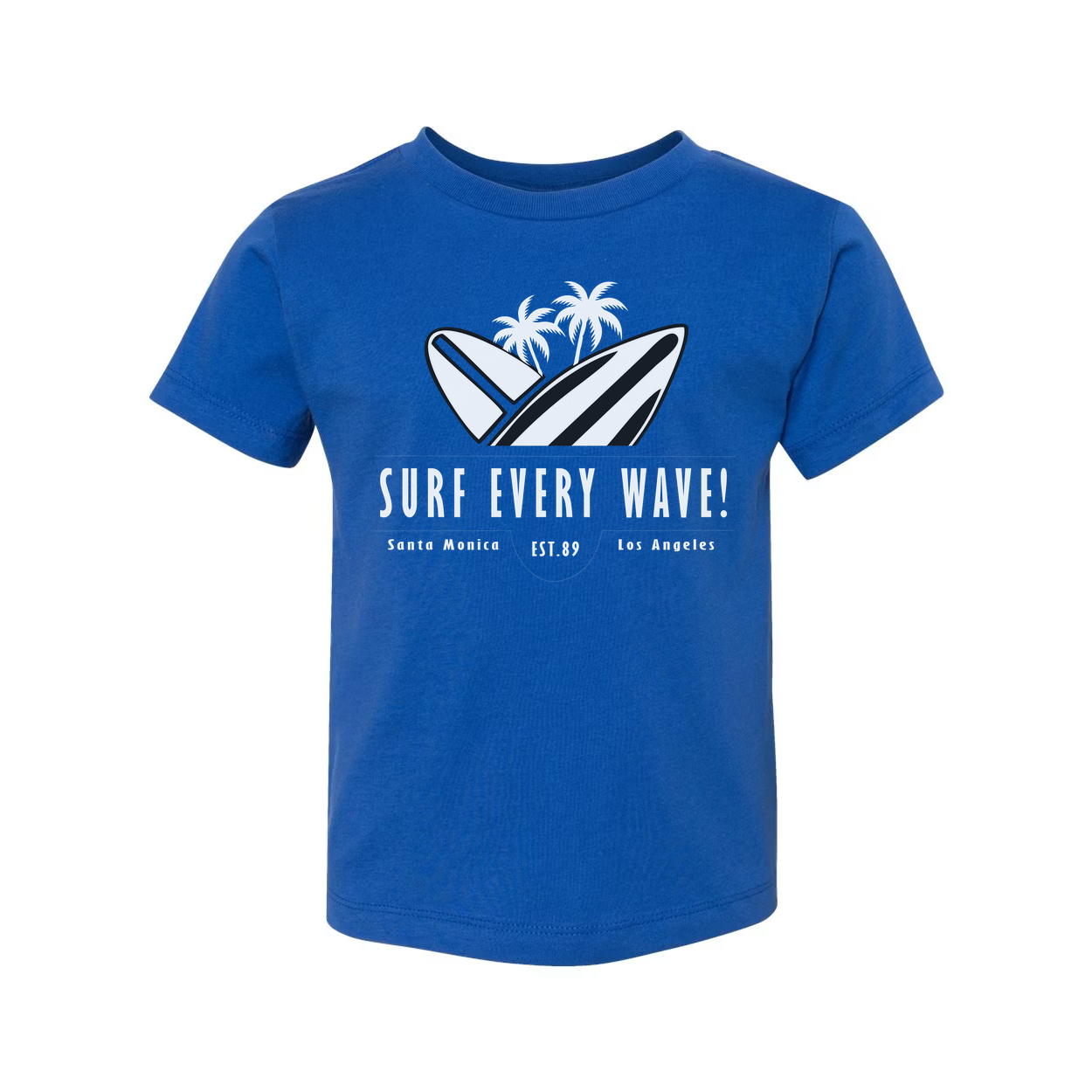 Surf Every Wave Graphic Tee With Surfboard And Palm Design