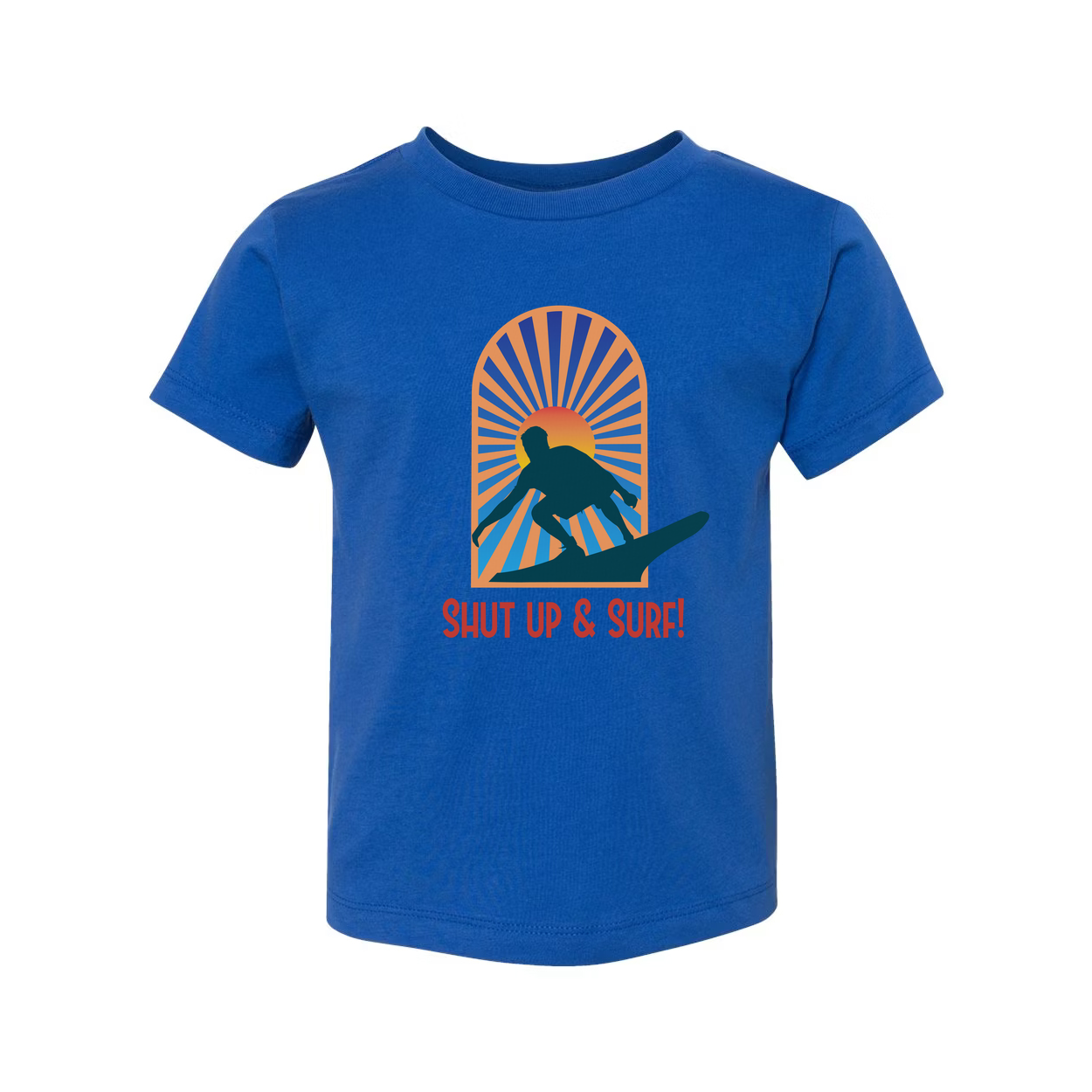 Unisex Surfing Graphic Tee With Sunburst Arch Silhouette Of Surfer And Retro Style Font