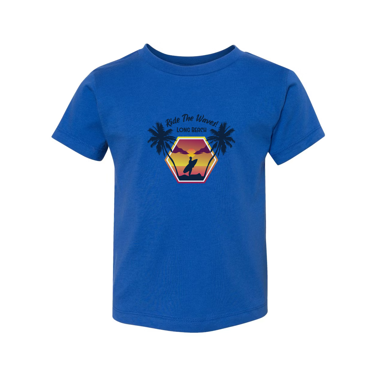 Surfing Sunset Hexagon Graphic Tee With Palm Trees And Rider Silhouette On Long Beach