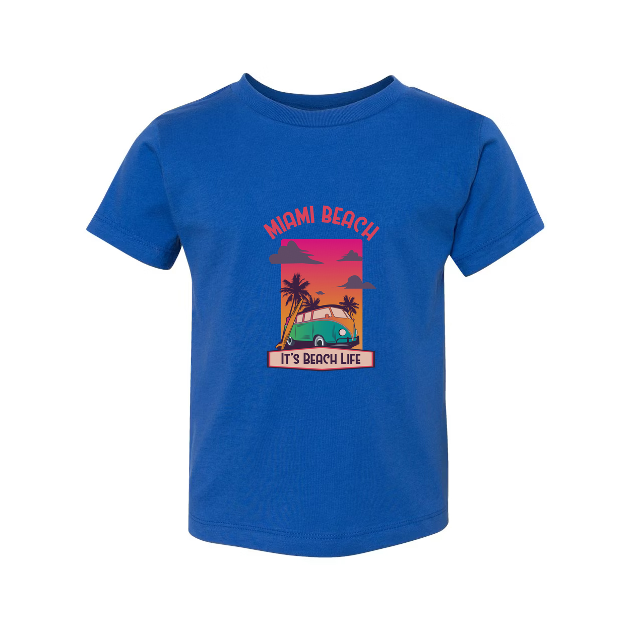 Miami Beach Retro Sunset Graphic T Shirt With Palm Trees And Classic Van Illustration