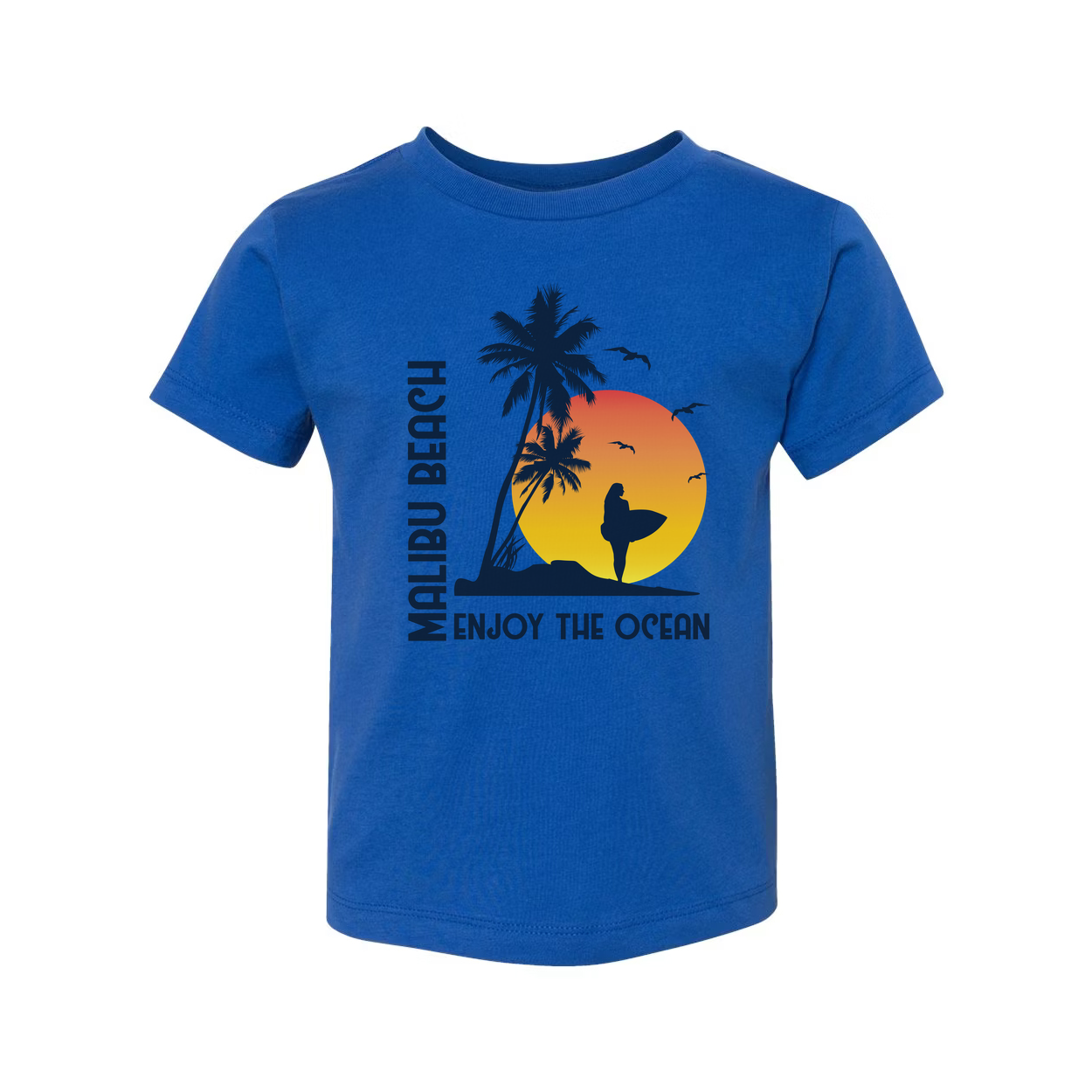 Malibu Beach Sunset Surfing Graphic Unisex T Shirt With Palm Trees And Surfer Silhouette