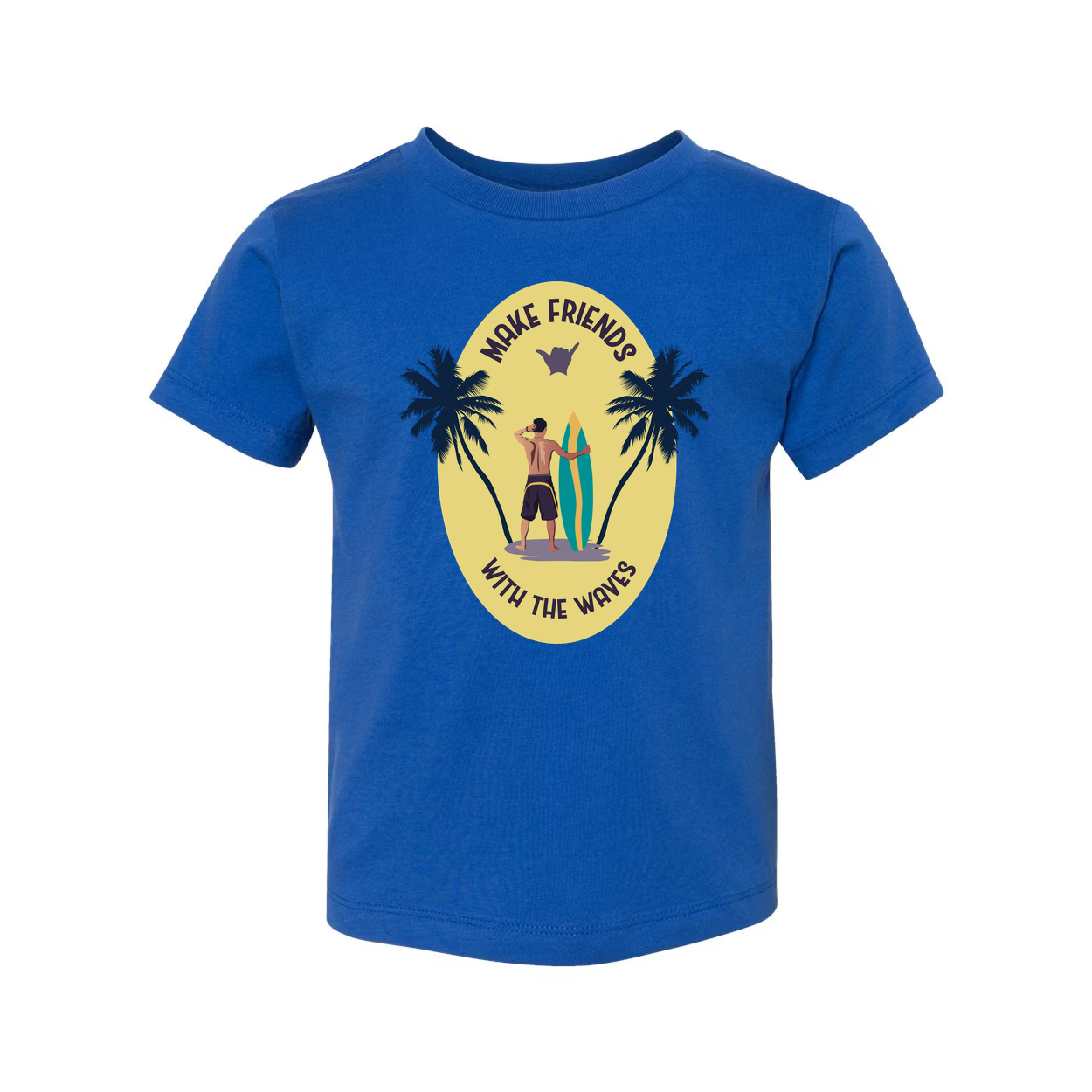 Unisex Surfing T Shirt With Sunset Palm Tree Graphic And Surfboard Make Friends With The Waves