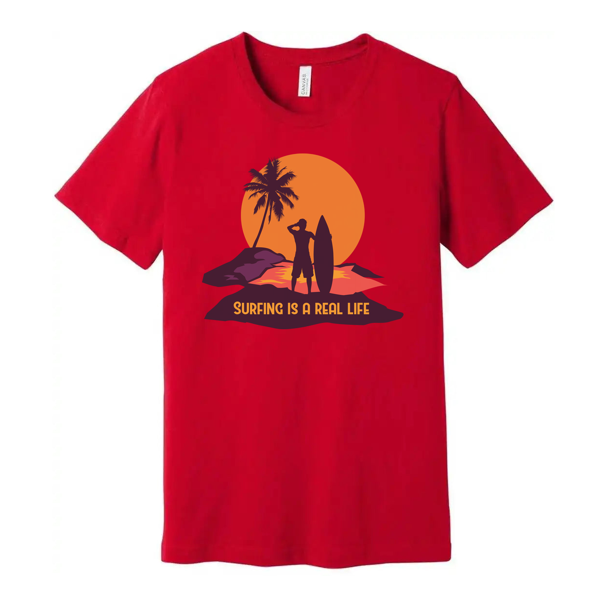Unisex Surfing Graphic Tee With Silhouette Of Surfer And Palm Tree Against Sunset