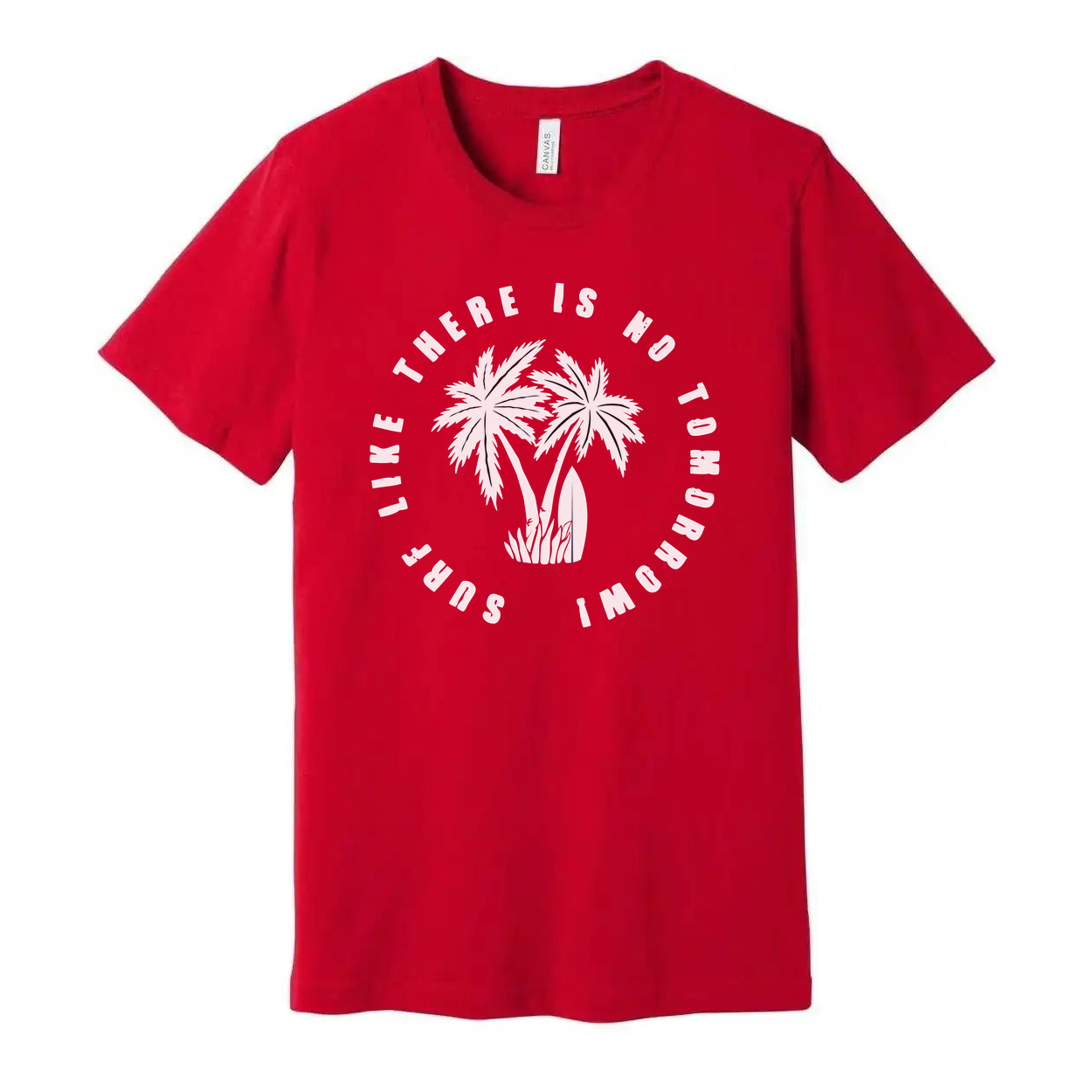 Unisex Surfing Tee With Palm Trees Circular Graphic And Motivational Phrase For Beach Life