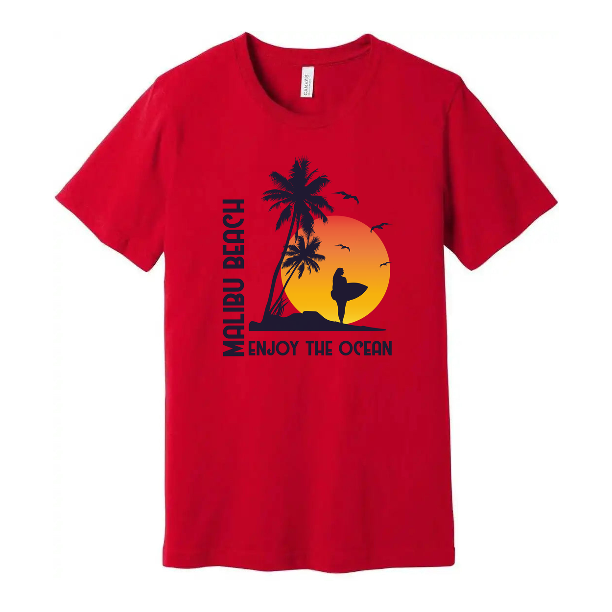 Malibu Beach Sunset Surfing Graphic Unisex T Shirt With Palm Trees And Surfer Silhouette