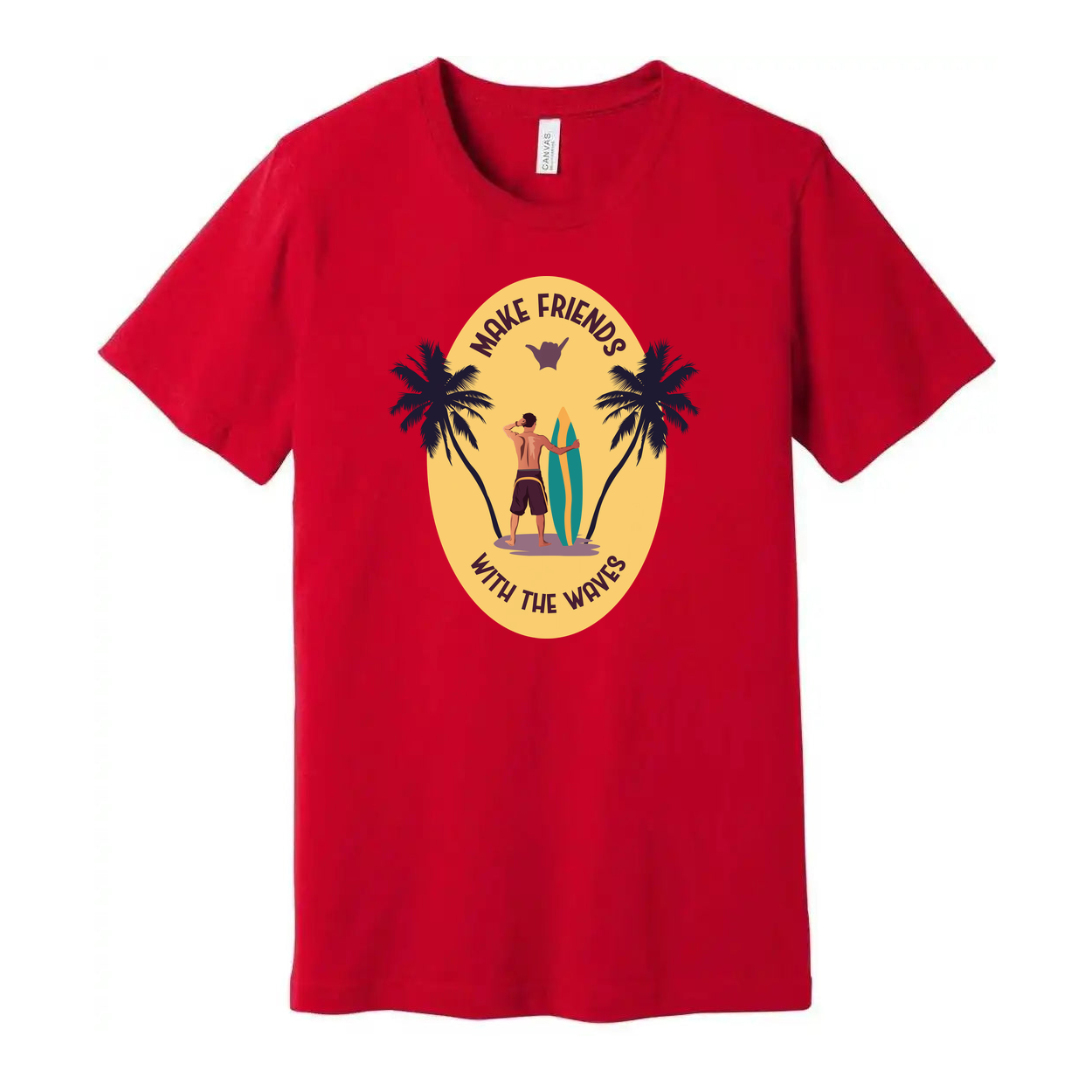 Unisex Surfing T Shirt With Sunset Palm Tree Graphic And Surfboard Make Friends With The Waves
