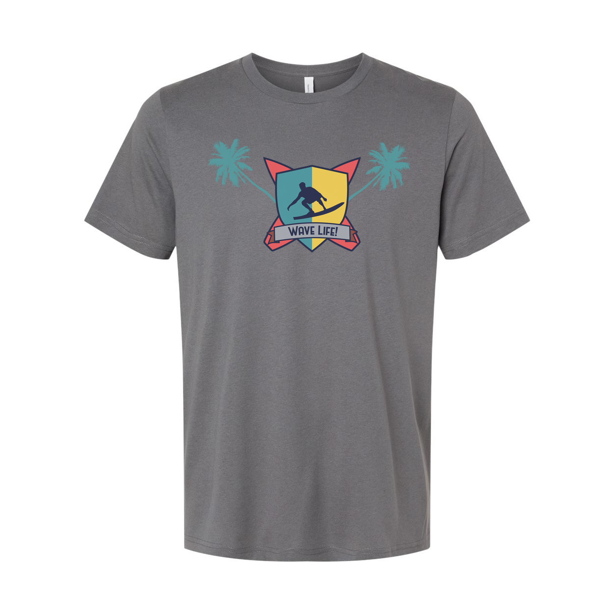 Unisex Surfing Crest Tee Featuring Wave Shield Emblem Palm Trees And Beachside Graphic Design