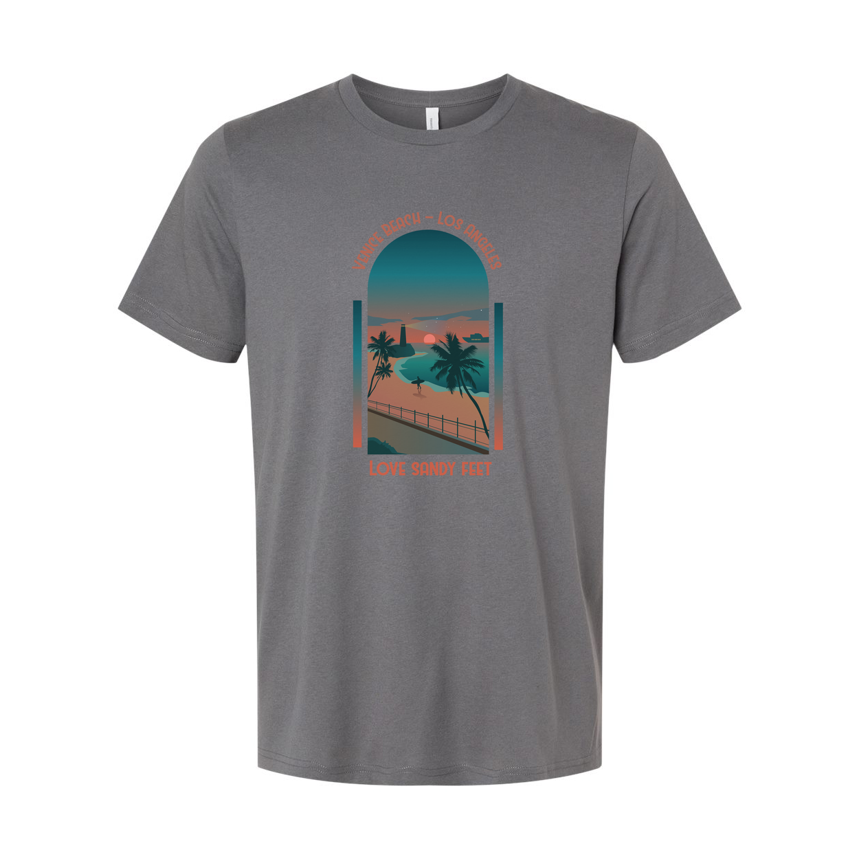 Surfing Unisex T Shirt With Venice Beach Sunset Scene Palm Trees And Love Sandy Feet