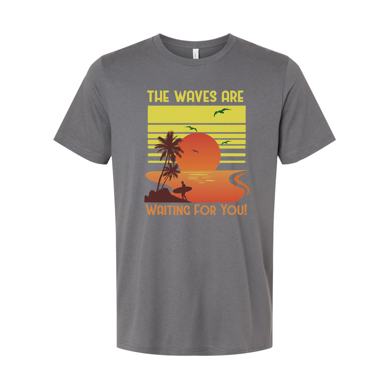 Unisex Surfing Sunset Graphic Tee Featuring Palm Trees Ocean Waves And A Radiant Orange Sun