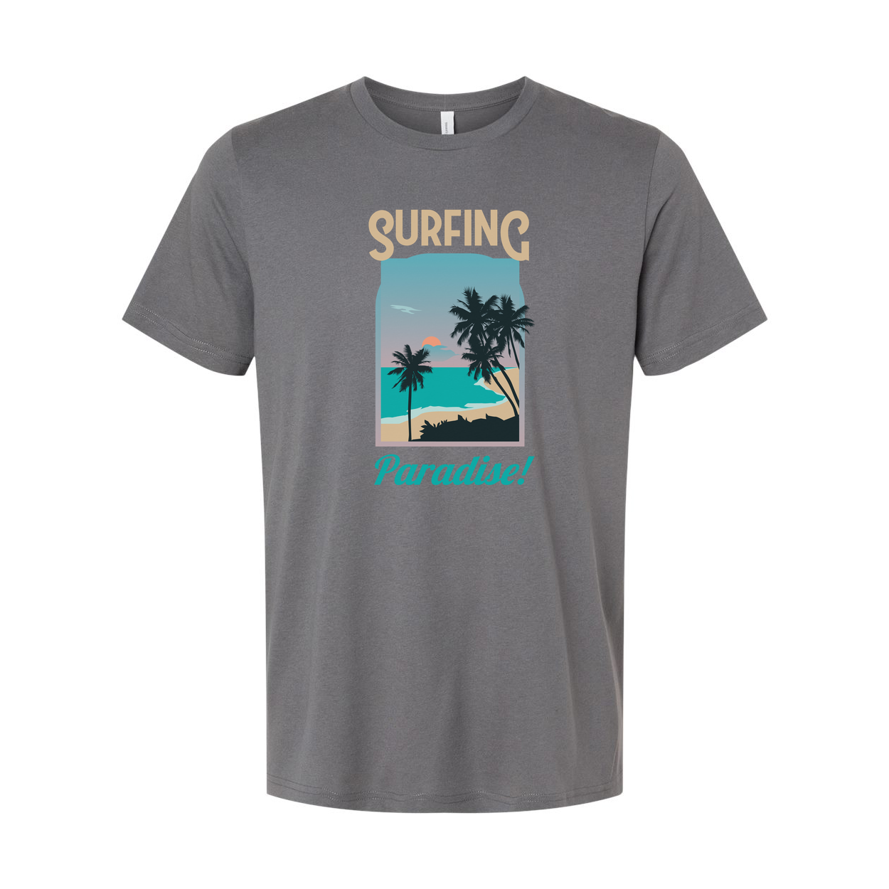 Surfing Paradise Graphic Tee For Men And Women Unisex With Palm Tree Beach Scene Coastal Sunset Ocean Surfer Gift Idea