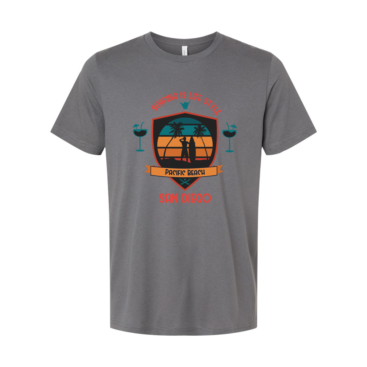 Unisex Surfing Tee With Pacific Beach San Diego Graphic Shield Design Retro Sunset Palette