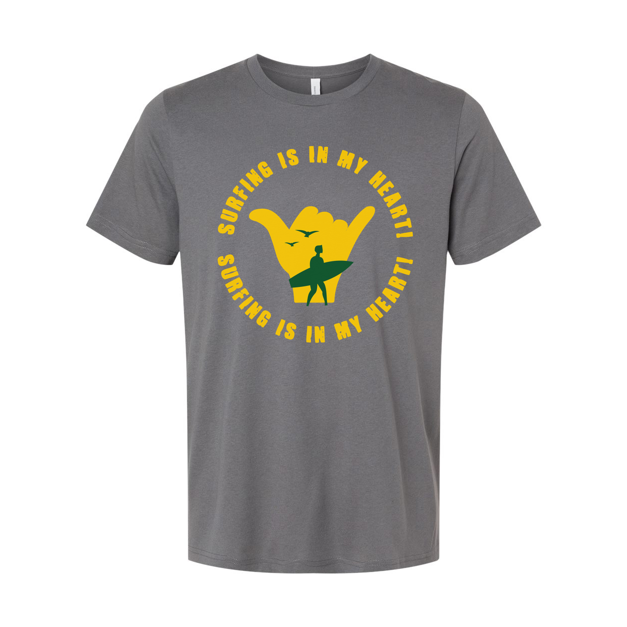 Surfing Is In My Heart Graphic Tee With Yellow Shaka Hand And Surfer Silhouette Design