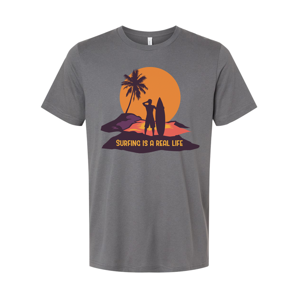 Unisex Surfing Graphic Tee With Silhouette Of Surfer And Palm Tree Against Sunset