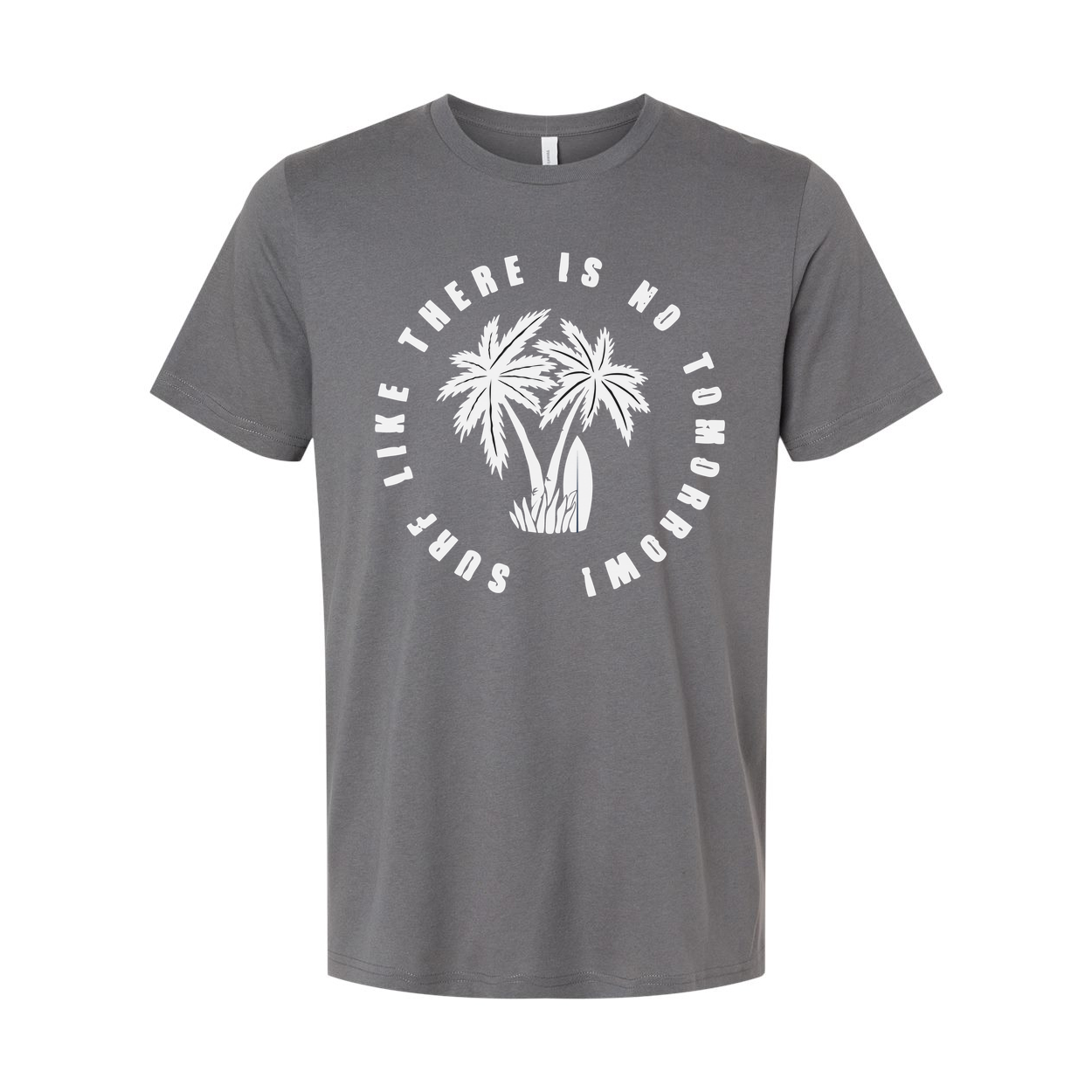 Unisex Surfing Tee With Palm Trees Circular Graphic And Motivational Phrase For Beach Life