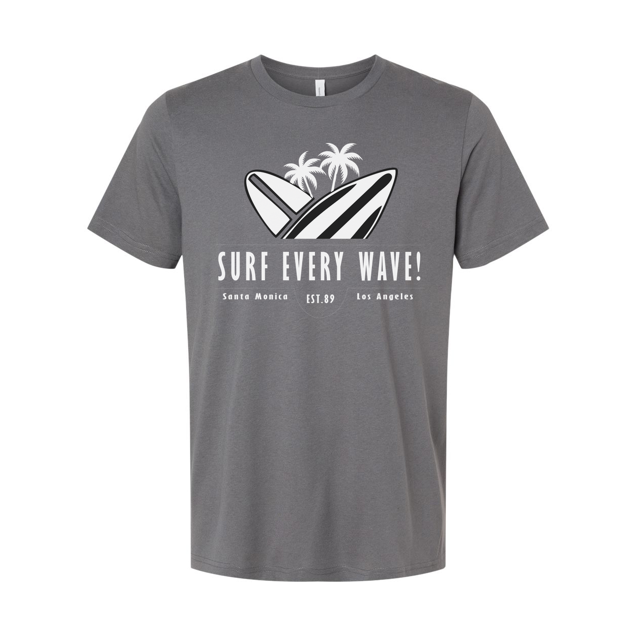 Surf Every Wave Graphic Tee With Surfboard And Palm Design