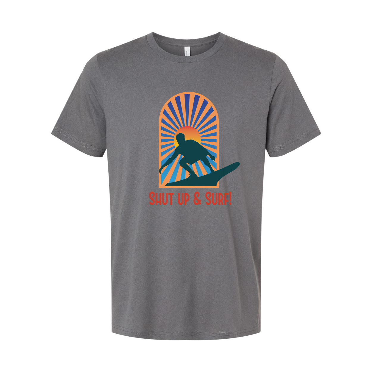 Unisex Surfing Graphic Tee With Sunburst Arch Silhouette Of Surfer And Retro Style Font