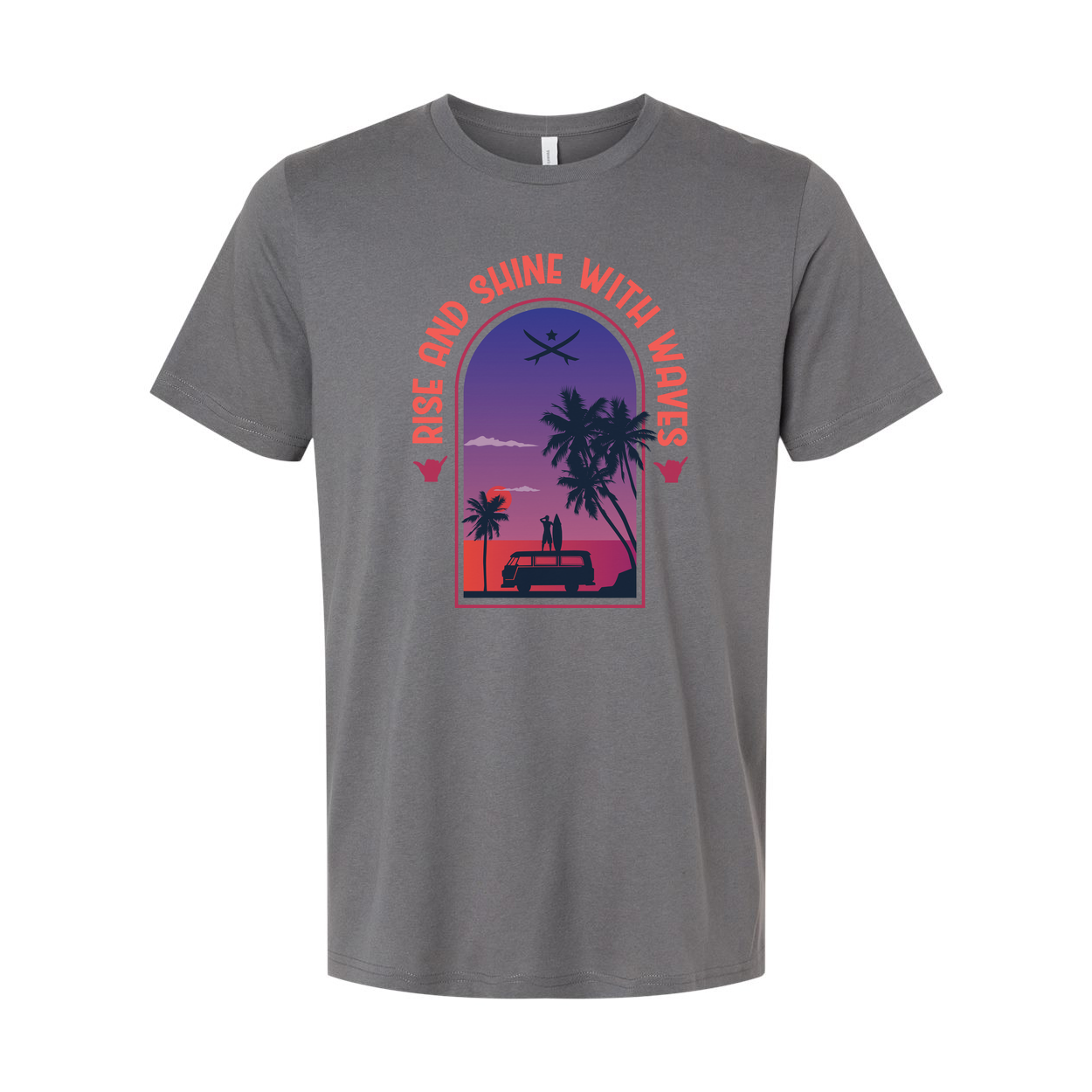 Unisex Surfing Themed T Shirt With Sunset Palm Trees And Van Scene Artwork For Beach Lovers