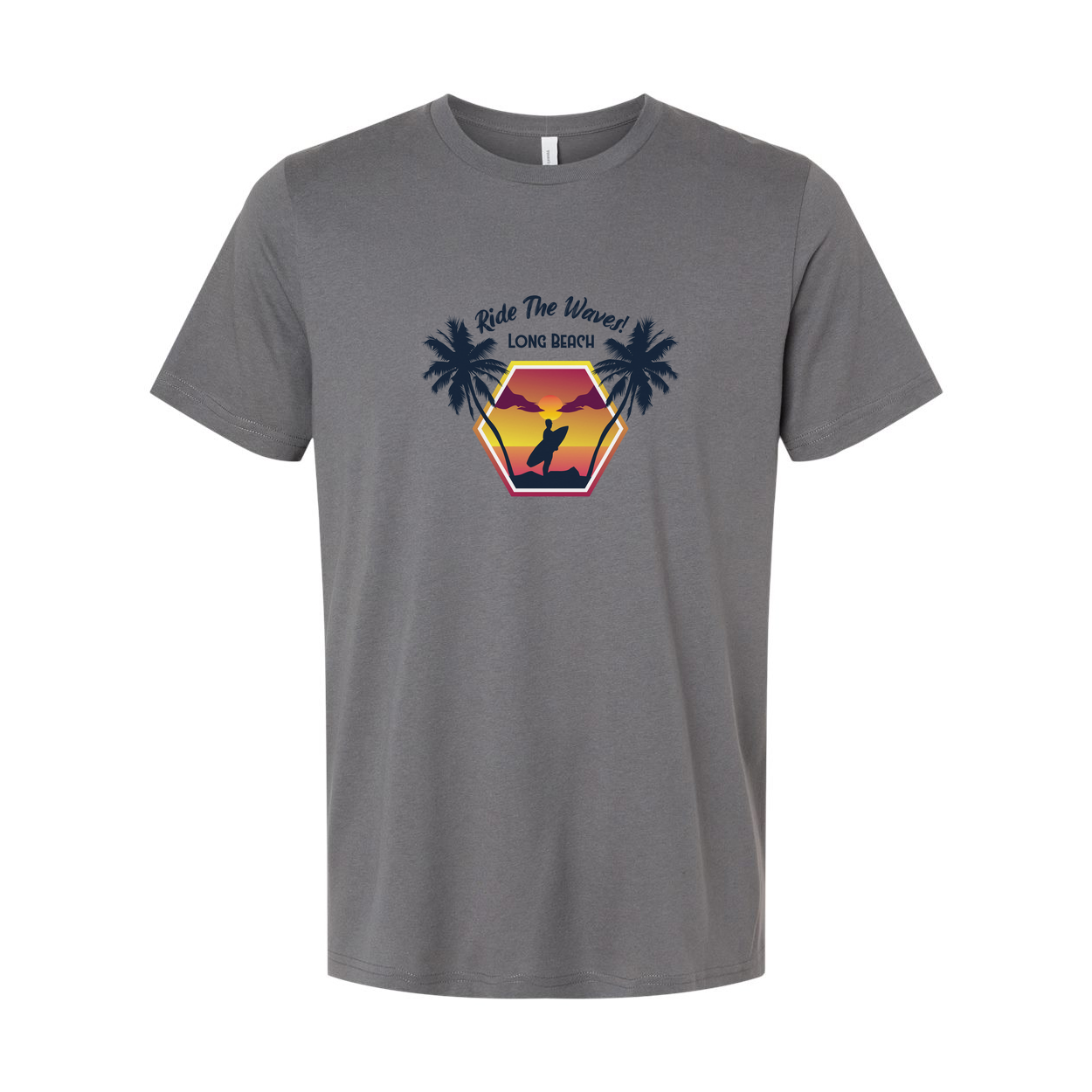 Surfing Sunset Hexagon Graphic Tee With Palm Trees And Rider Silhouette On Long Beach
