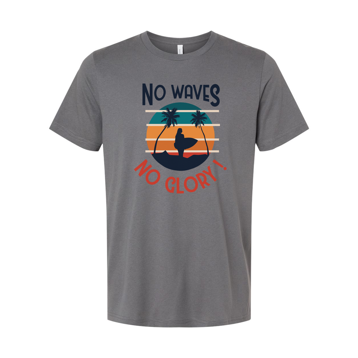 No Waves No Glory Surfing Graphic Unisex Tee For Men And Women With Sunset Palm Tree Design