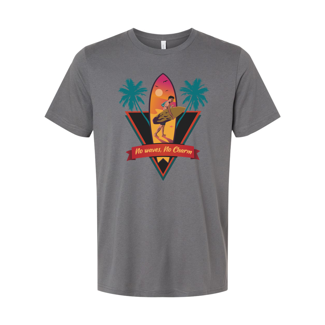 Unisex Surfing Graphic Tee With Sunset Surfer, Palm Trees And No Waves, No Charm Ribbon