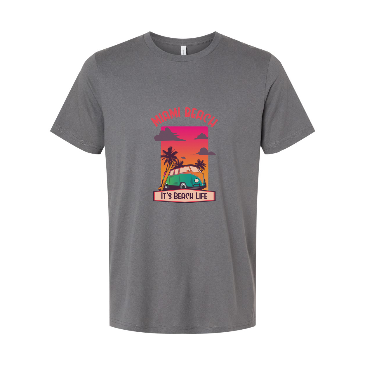 Miami Beach Retro Sunset Graphic T Shirt With Palm Trees And Classic Van Illustration