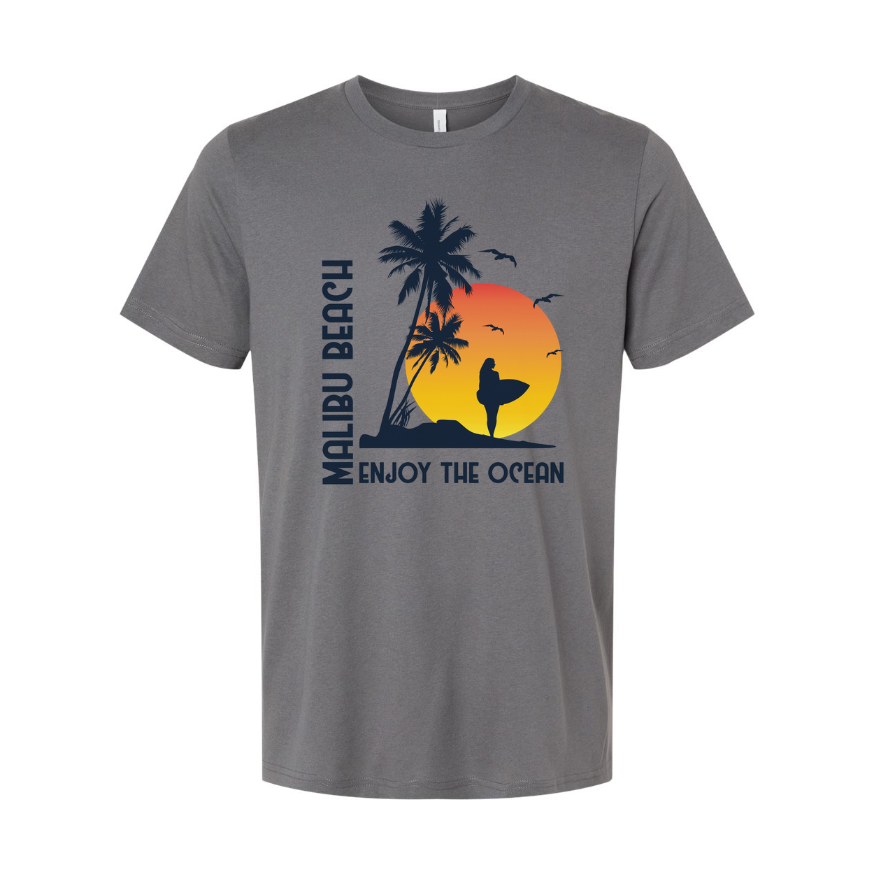 Malibu Beach Sunset Surfing Graphic Unisex T Shirt With Palm Trees And Surfer Silhouette