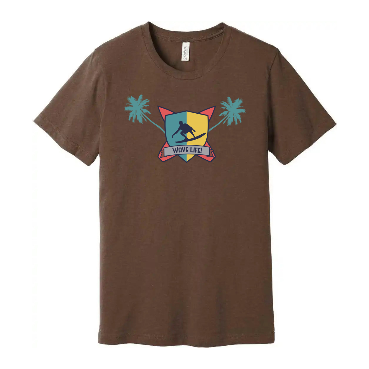 Unisex Surfing Crest Tee Featuring Wave Shield Emblem Palm Trees And Beachside Graphic Design
