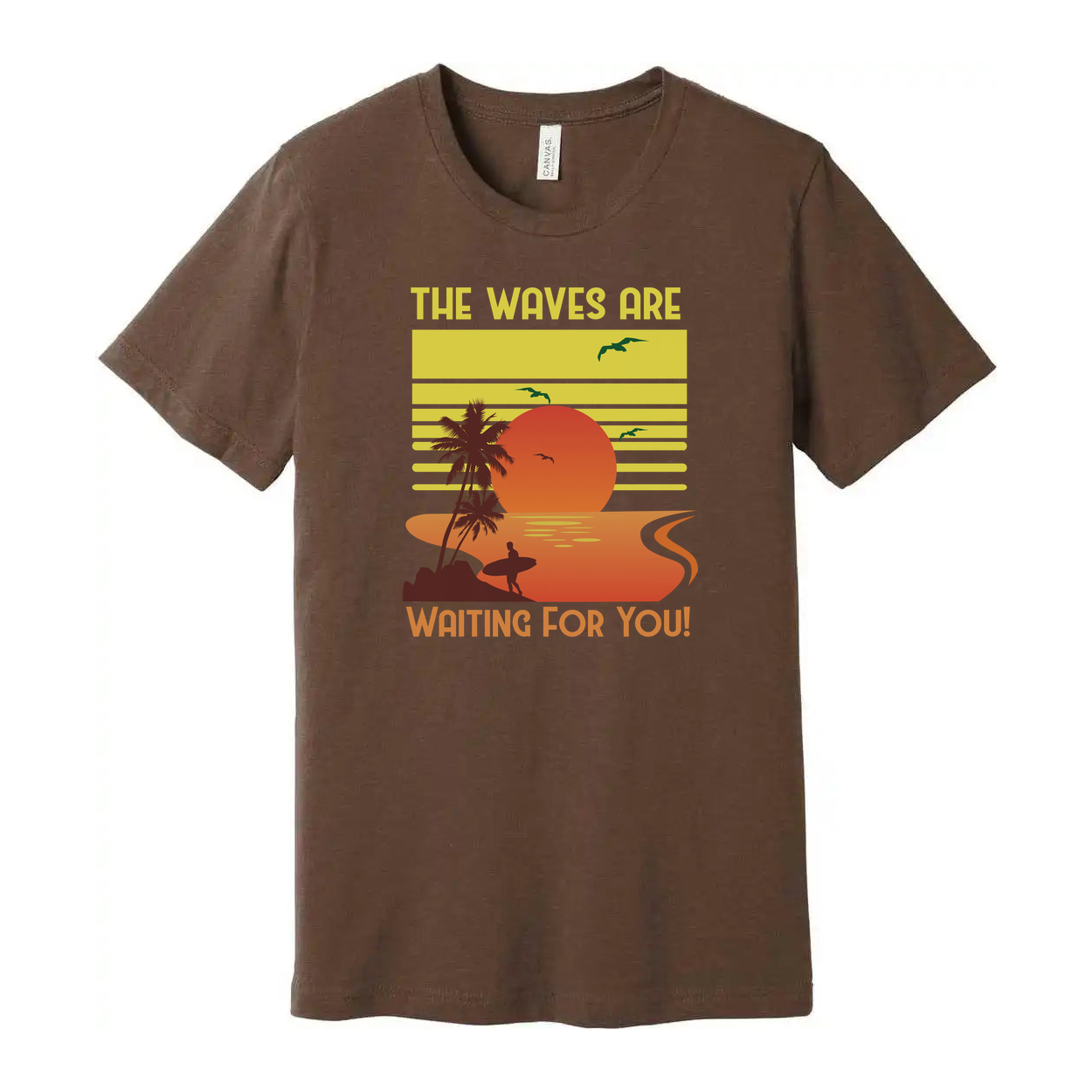 Unisex Surfing Sunset Graphic Tee Featuring Palm Trees Ocean Waves And A Radiant Orange Sun