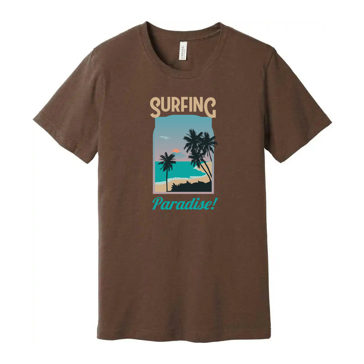 Surfing Paradise Graphic Tee For Men And Women Unisex With Palm Tree Beach Scene Coastal Sunset Ocean Surfer Gift Idea