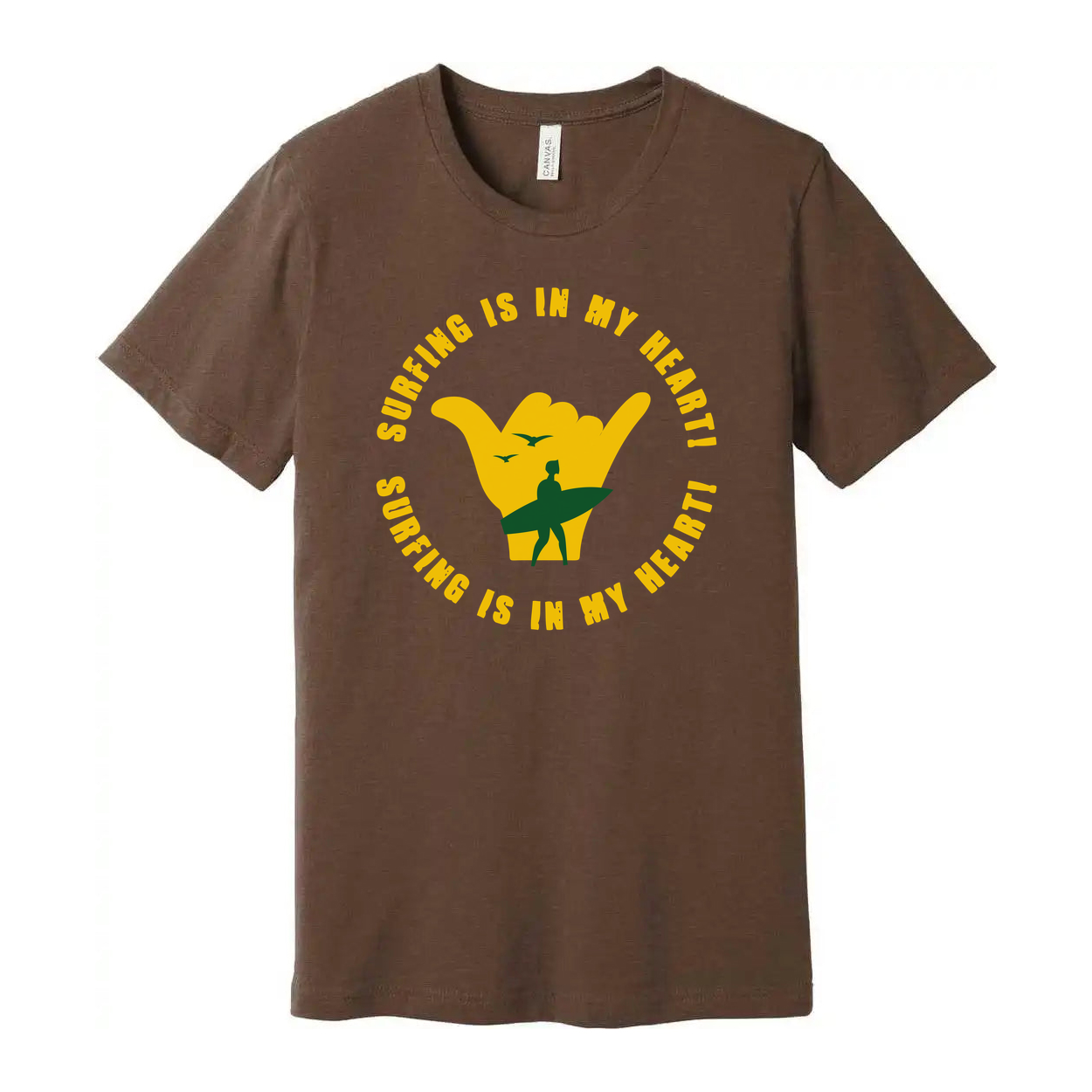 Surfing Is In My Heart Graphic Tee With Yellow Shaka Hand And Surfer Silhouette Design