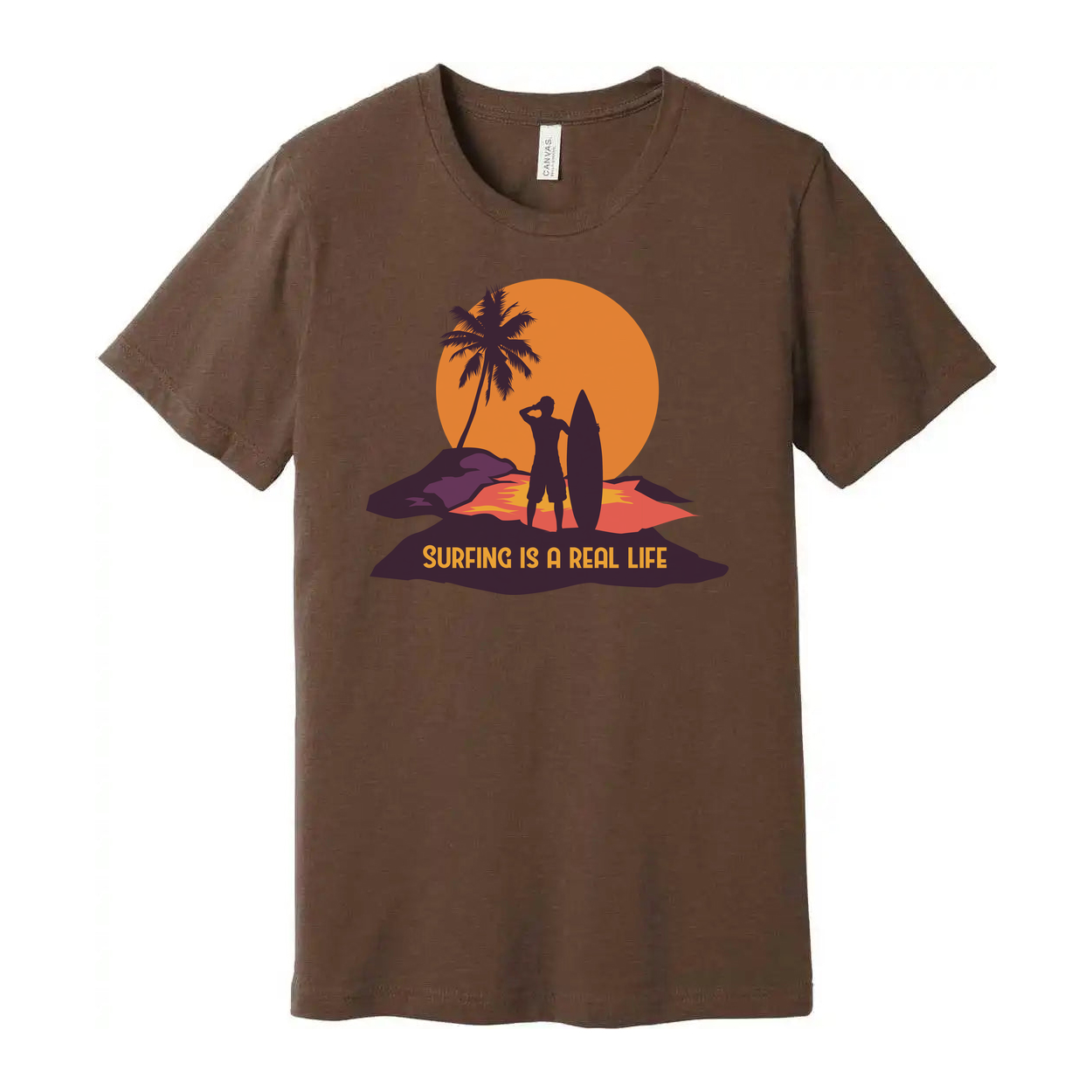 Unisex Surfing Graphic Tee With Silhouette Of Surfer And Palm Tree Against Sunset