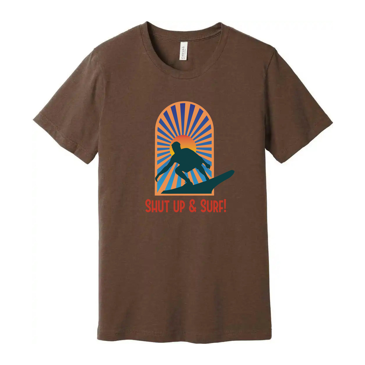 Unisex Surfing Graphic Tee With Sunburst Arch Silhouette Of Surfer And Retro Style Font