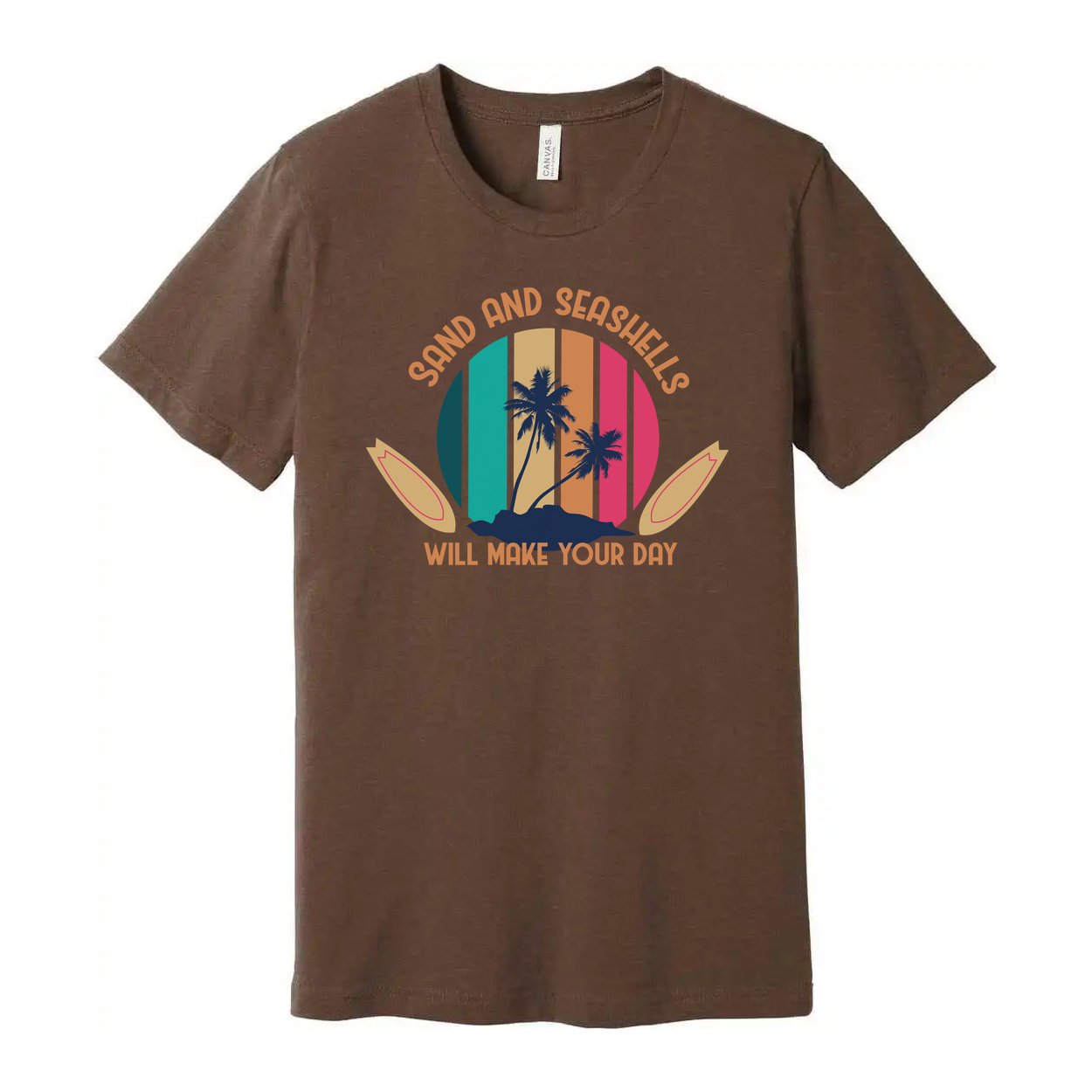 Sand And Seashells Will Make Your Day Palm Trees Beach Graphic Tee For Summer Casual