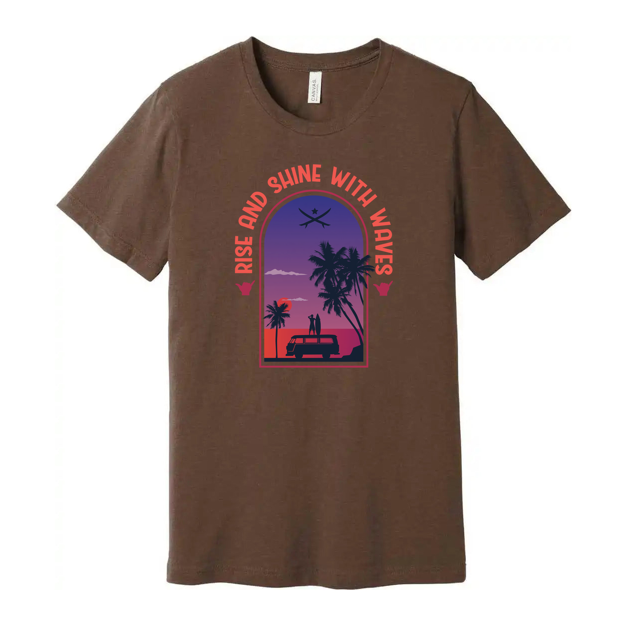 Unisex Surfing Themed T Shirt With Sunset Palm Trees And Van Scene Artwork For Beach Lovers