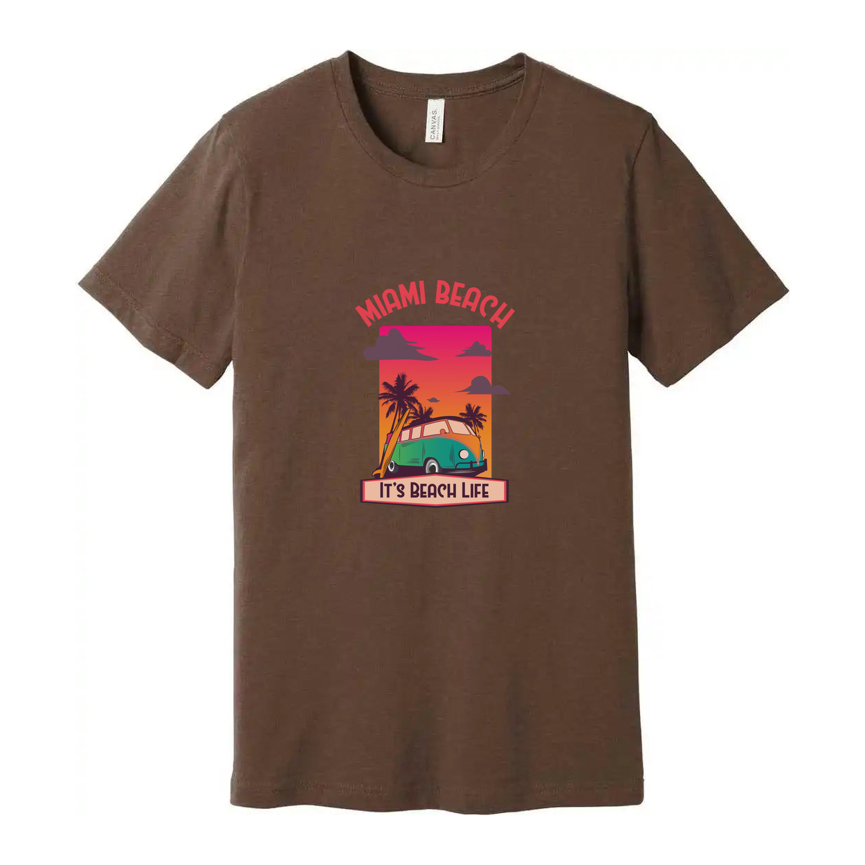 Miami Beach Retro Sunset Graphic T Shirt With Palm Trees And Classic Van Illustration