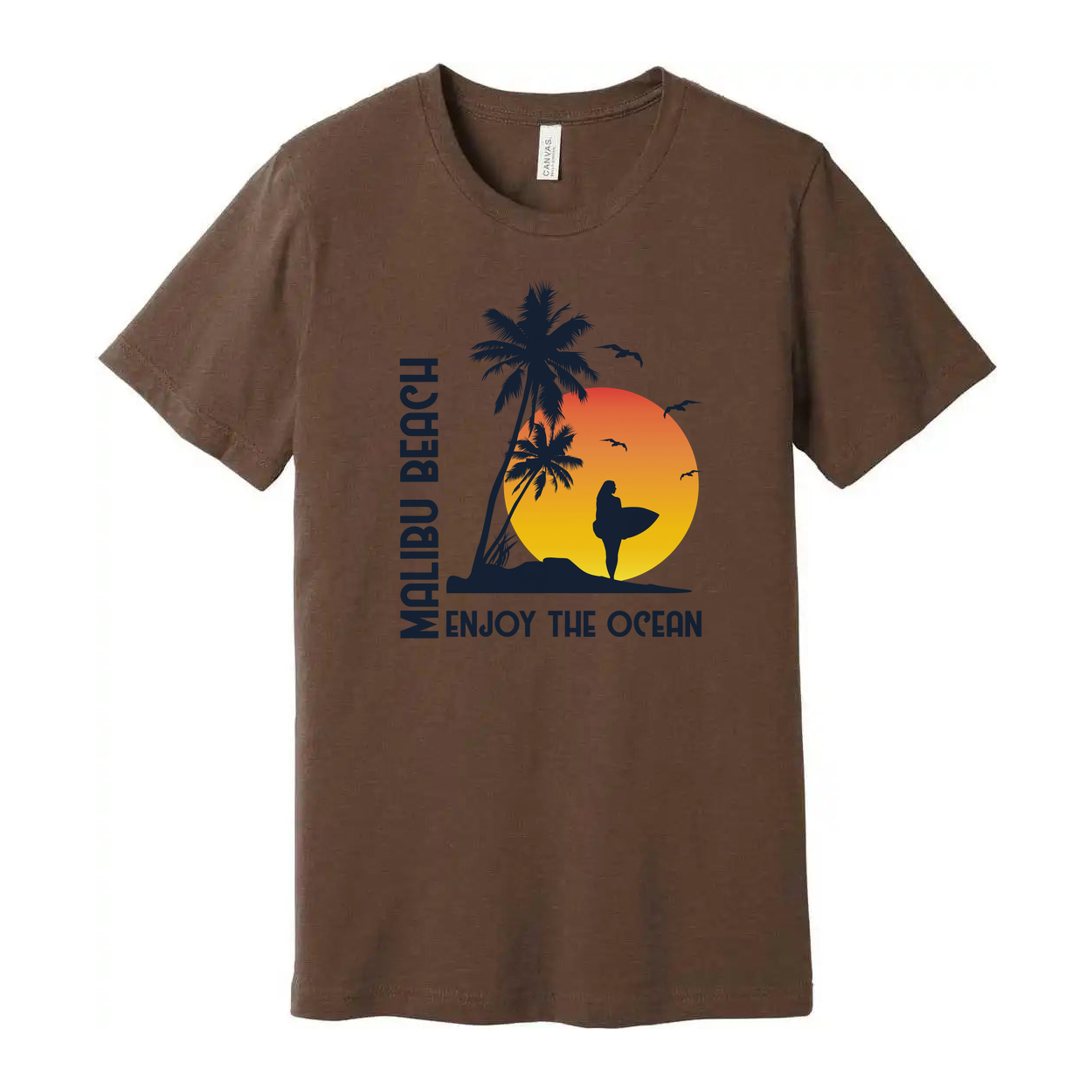 Malibu Beach Sunset Surfing Graphic Unisex T Shirt With Palm Trees And Surfer Silhouette