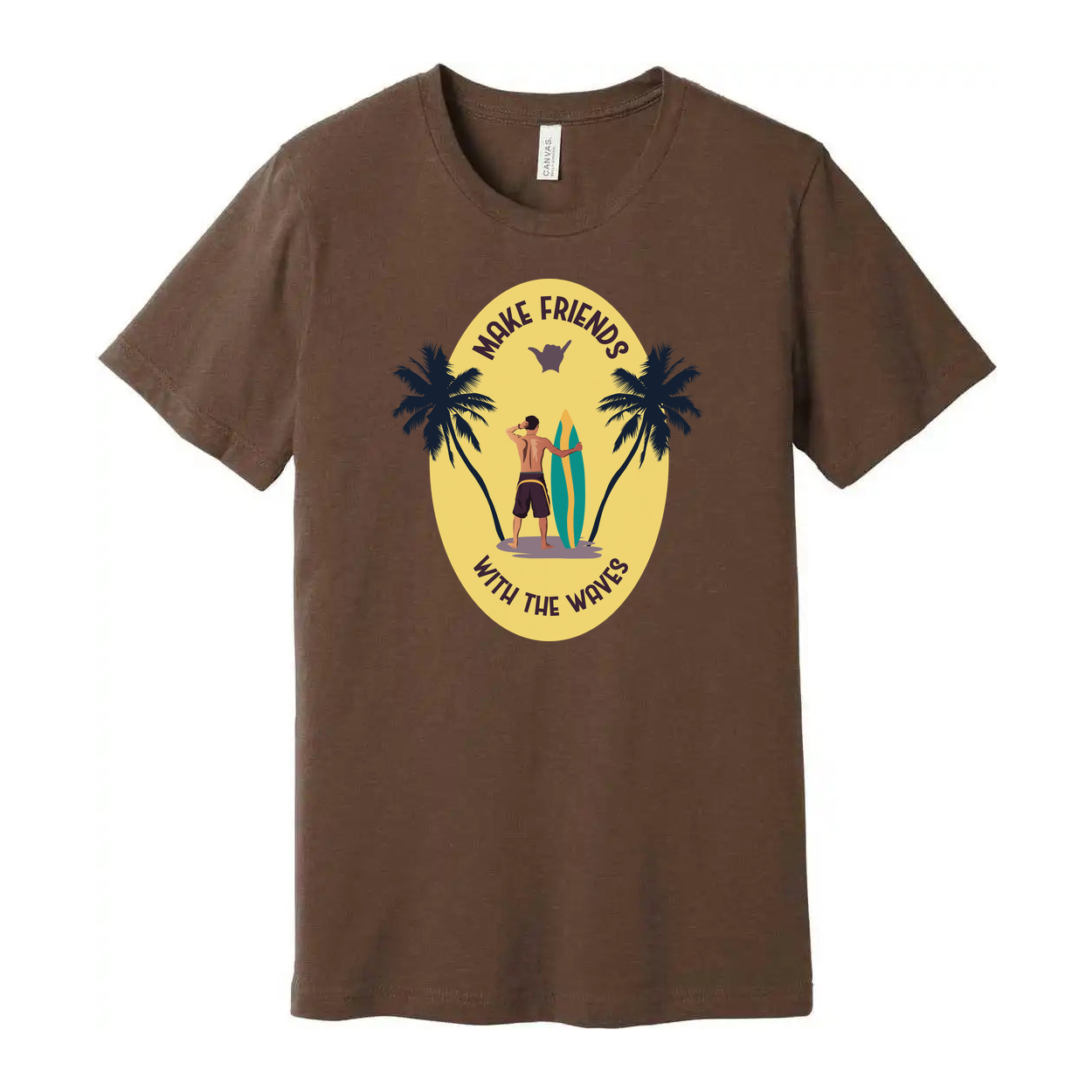 Unisex Surfing T Shirt With Sunset Palm Tree Graphic And Surfboard Make Friends With The Waves