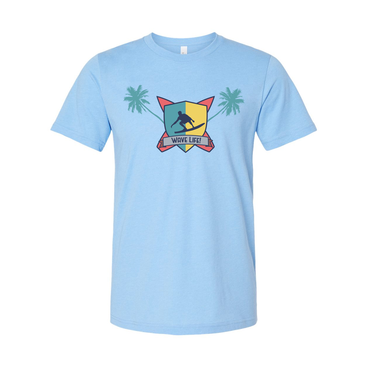 Unisex Surfing Crest Tee Featuring Wave Shield Emblem Palm Trees And Beachside Graphic Design